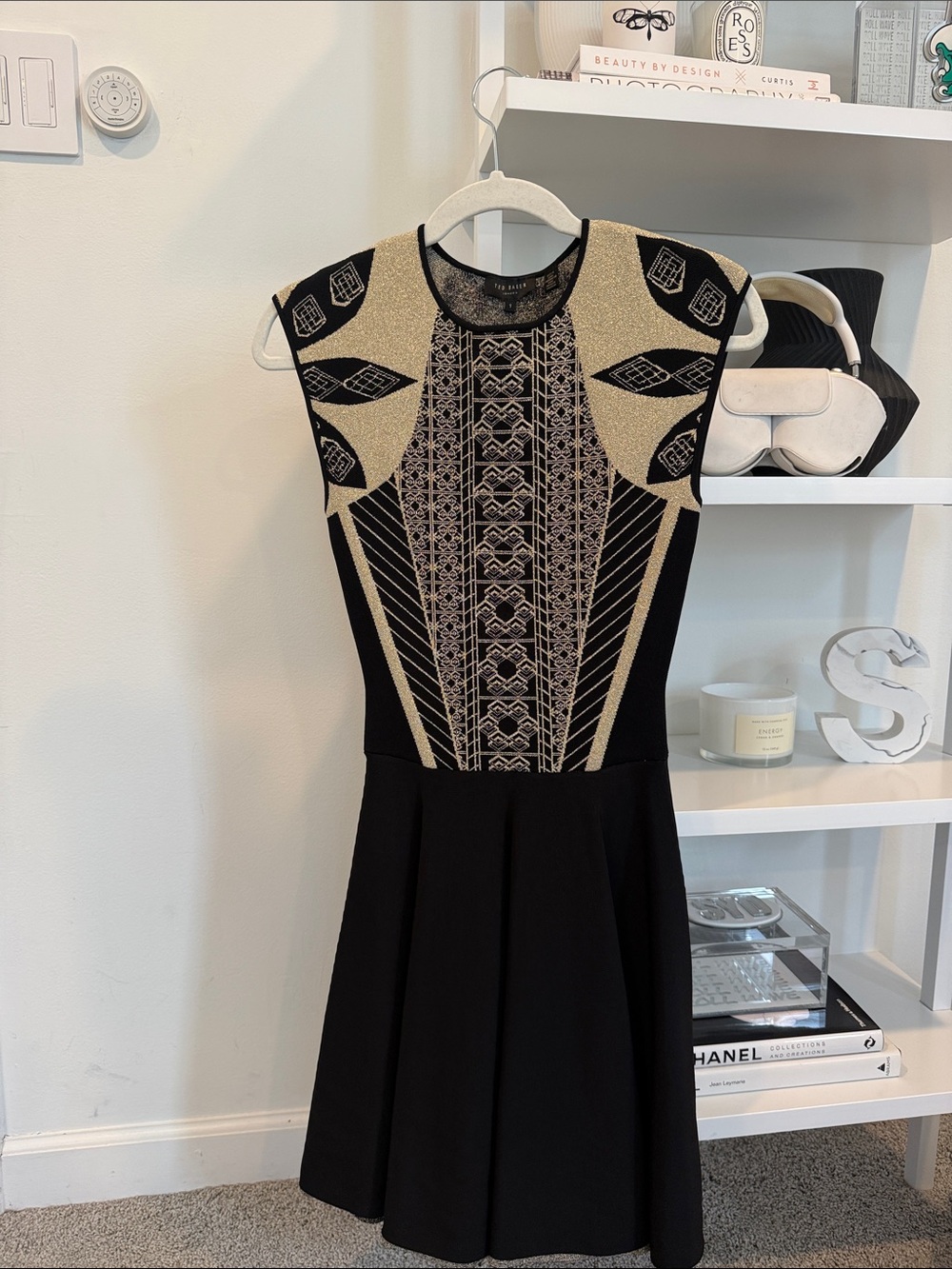 Ted Baker Black and Gold Patterned Sleeveless Mini Dress